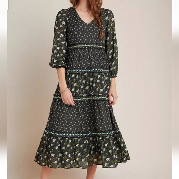 Anthropologie Karoline Tiered Maxi Boho Dress Floral Black Womens 10 - Picture 6 of 8